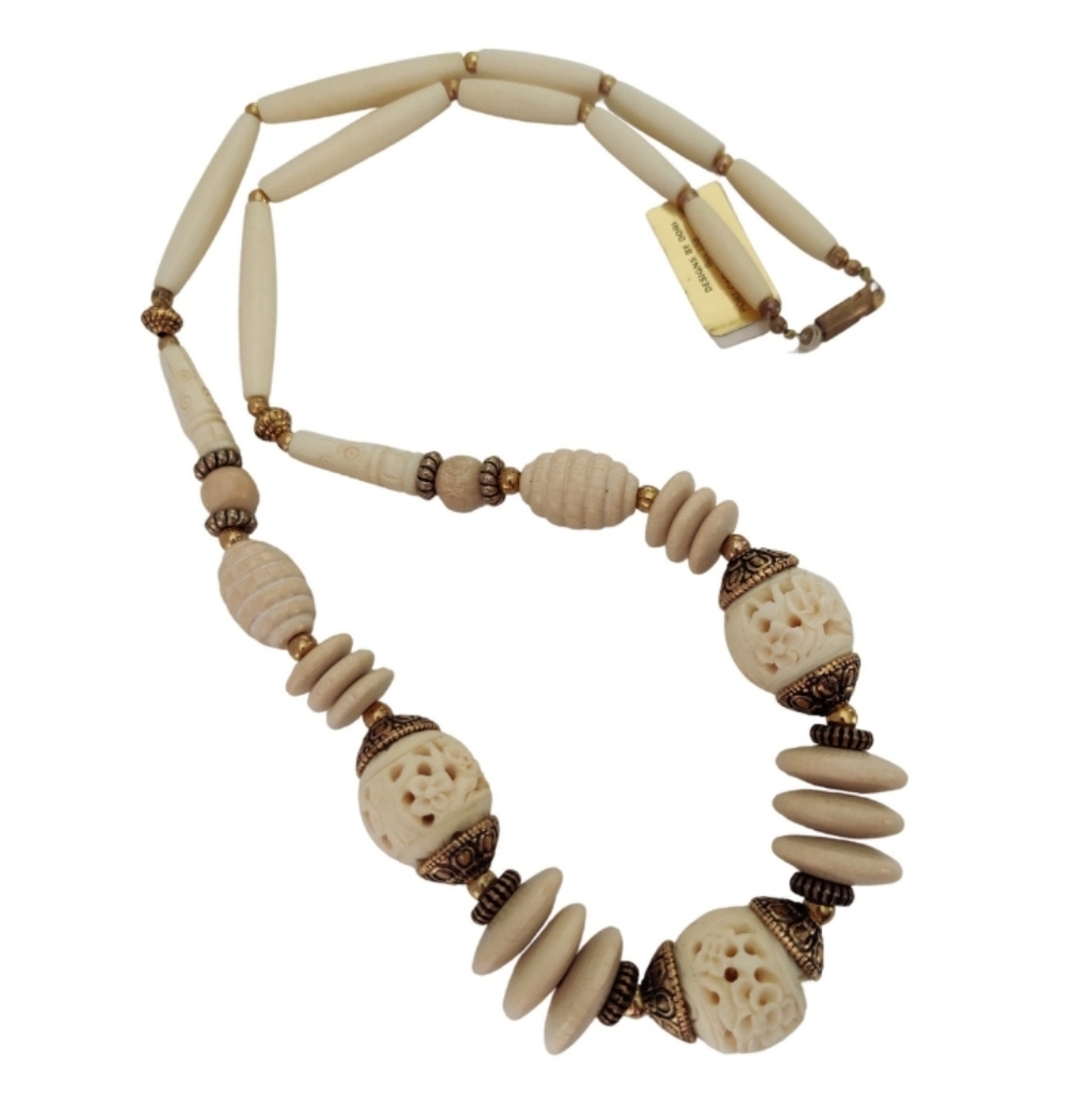 Vintage ART Deco Style Carved Bone & Wood Necklace NWT